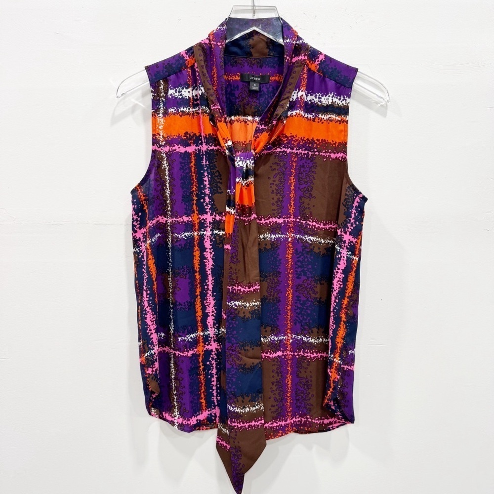 J. Crew Tie-Neck Blouse in Speckled Plaid Sleeveless Size Small